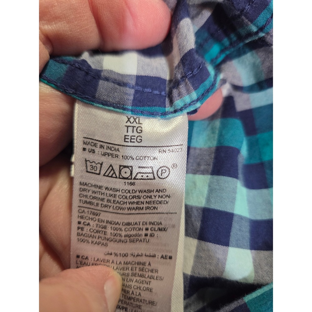 Old Navy Men's XXL Blue Teal White Plaid Short Sleeve Button Down Shirt Slim Fit - Picture 6 of 7